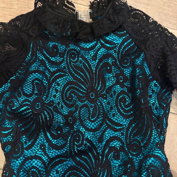 CURTAIN CALL BLUE AND BLACK BIKETARD JAZZ COSTUME DANCE CHILD LARGE - Picture 3 of 9